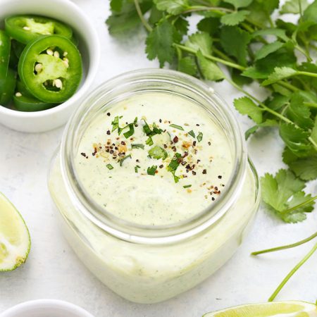 Cilantro Lime Ranch Dressing with jalapeño, cilantro, and lime from One Lovely Life