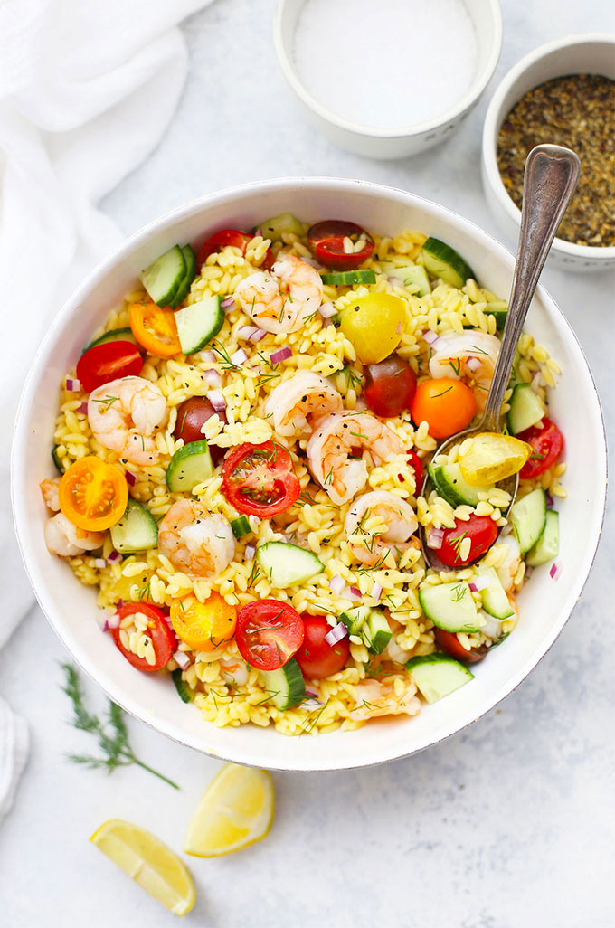 Gluten Free Lemon Dill Shrimp and Orzo Salad in a white bowl from One Lovely Life