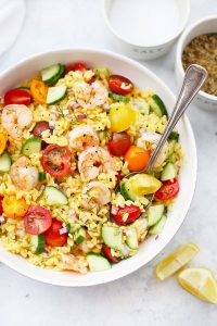 Close up view of Gluten Free Lemon Dill Shrimp and Orzo Salad from One Lovely Life