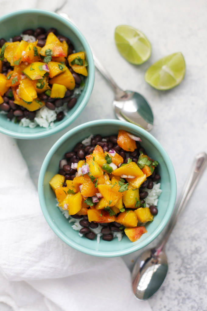 Peach Salsa Rice Bowls - This fresh peach salsa is INCREDIBLE (and also works with mango when peaches are out of season.) LOVE these rice bowls! 