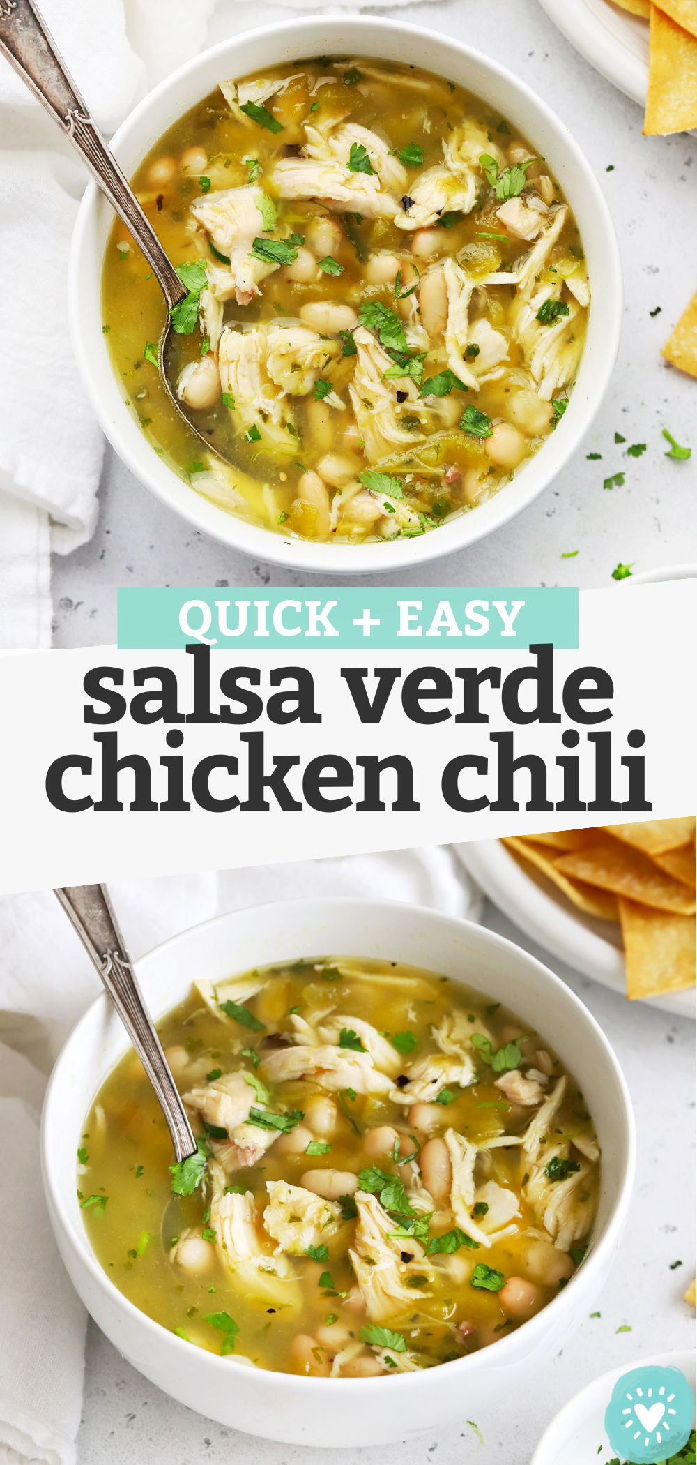 Salsa Verde Chicken Chili - This might be the EASIEST chili recipe ever! Just 7 ingredients + 15 minutes and you're ready to enjoy this lighter take on chili night. (Gluten-Free + Easy!) // White Chicken Chili // Healthy Chili Recipe // Chicken Chili Recipe // Healthy Soup #chili #chickenchili #whitechili #healthysoup