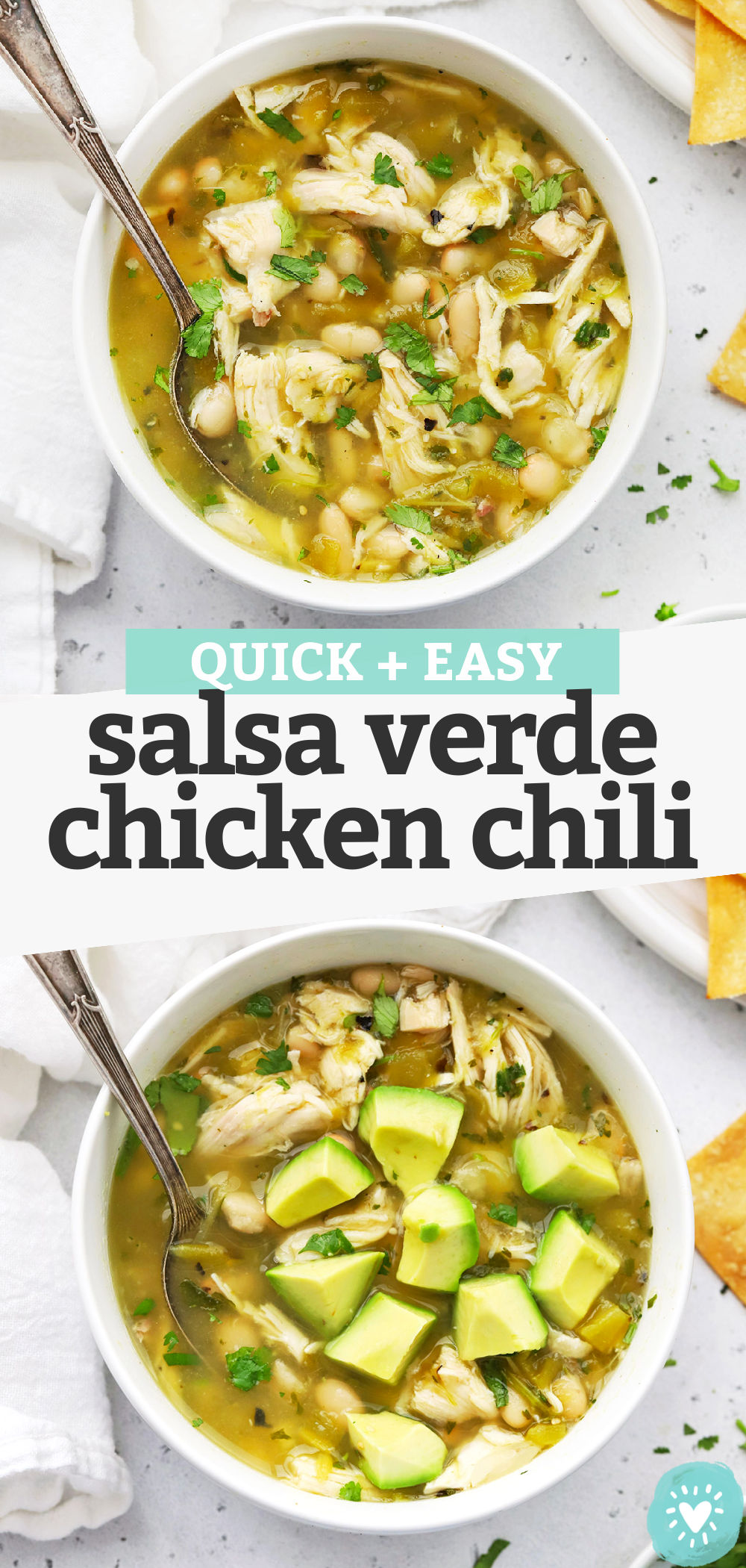 Salsa Verde Chicken Chili - This might be the EASIEST chili recipe ever! Just 7 ingredients + 15 minutes and you're ready to enjoy this lighter take on chili night. (Gluten-Free + Easy!) // White Chicken Chili // Healthy Chili Recipe // Chicken Chili Recipe // Healthy Soup