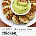 Chicken Zucchini Poppers (bite-sized chicken zucchini meatballs) with avocado dipping sauce