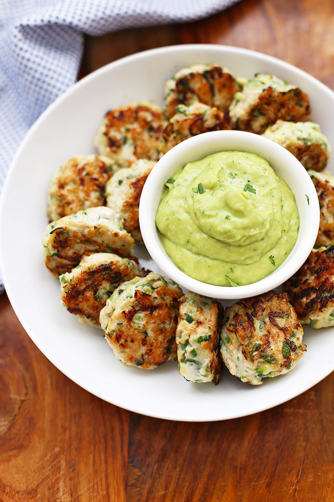 Paleo Chicken Zucchini Poppers with Citrus Avocado Dipping Sauce from One Lovely Life