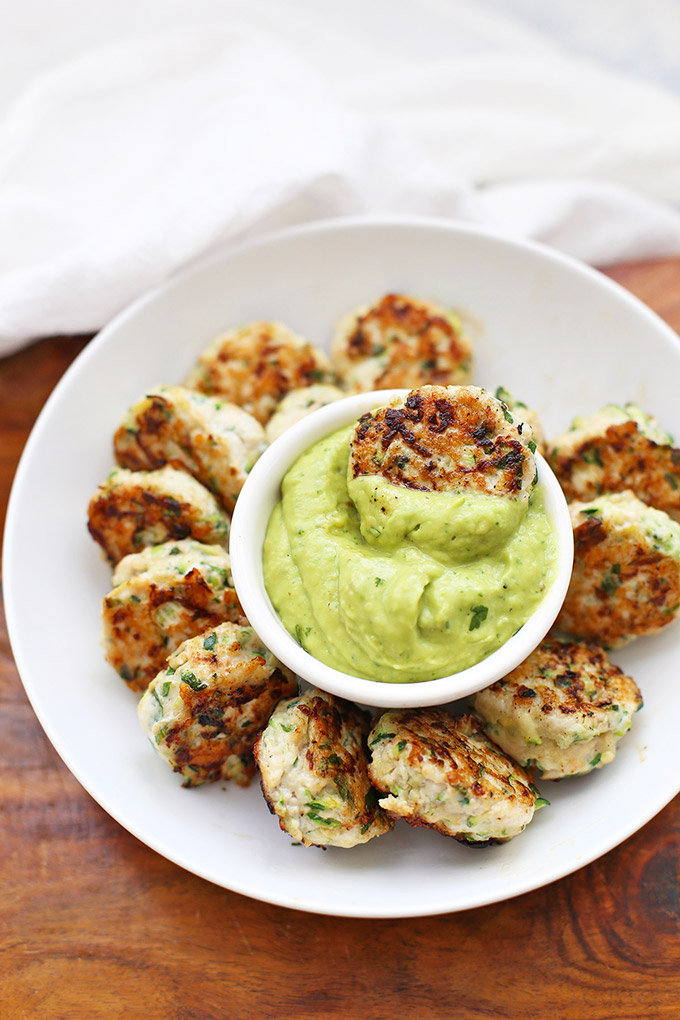 Chicken Zucchini Poppers with Citrus Avocado Dipping Sauce from One Lovely Life