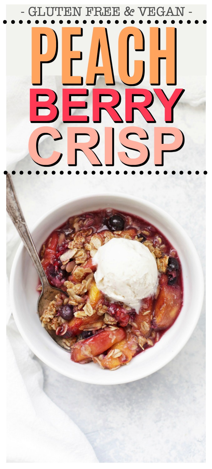 This Gluten Free Vegan Peach Berry Crisp is the PERFECT summer dessert. Bursting with summer flavor and made from wholesome ingredients, it's a yummy dessert you'll come back to again and again! 