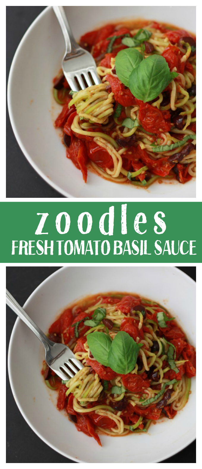 Zucchini Noodles (or Zoodles) are one of our favorite ways to fit in more veggies. This fresh tomato basil olive sauce sends them over the top! (Gluten free, vegan, and paleo!) 