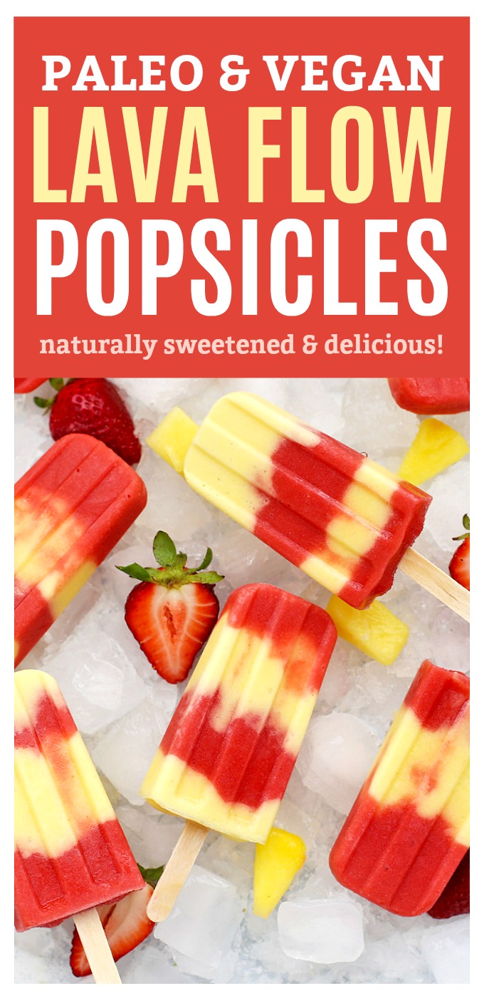 Lava Flow Popsicles - Creamy coconut pineapple swirled with fresh strawberry. Paleo, Vegan, and naturally sweetened! // Strawberry Pineapple Popsicles // Virgin Lava Flow Popsicles