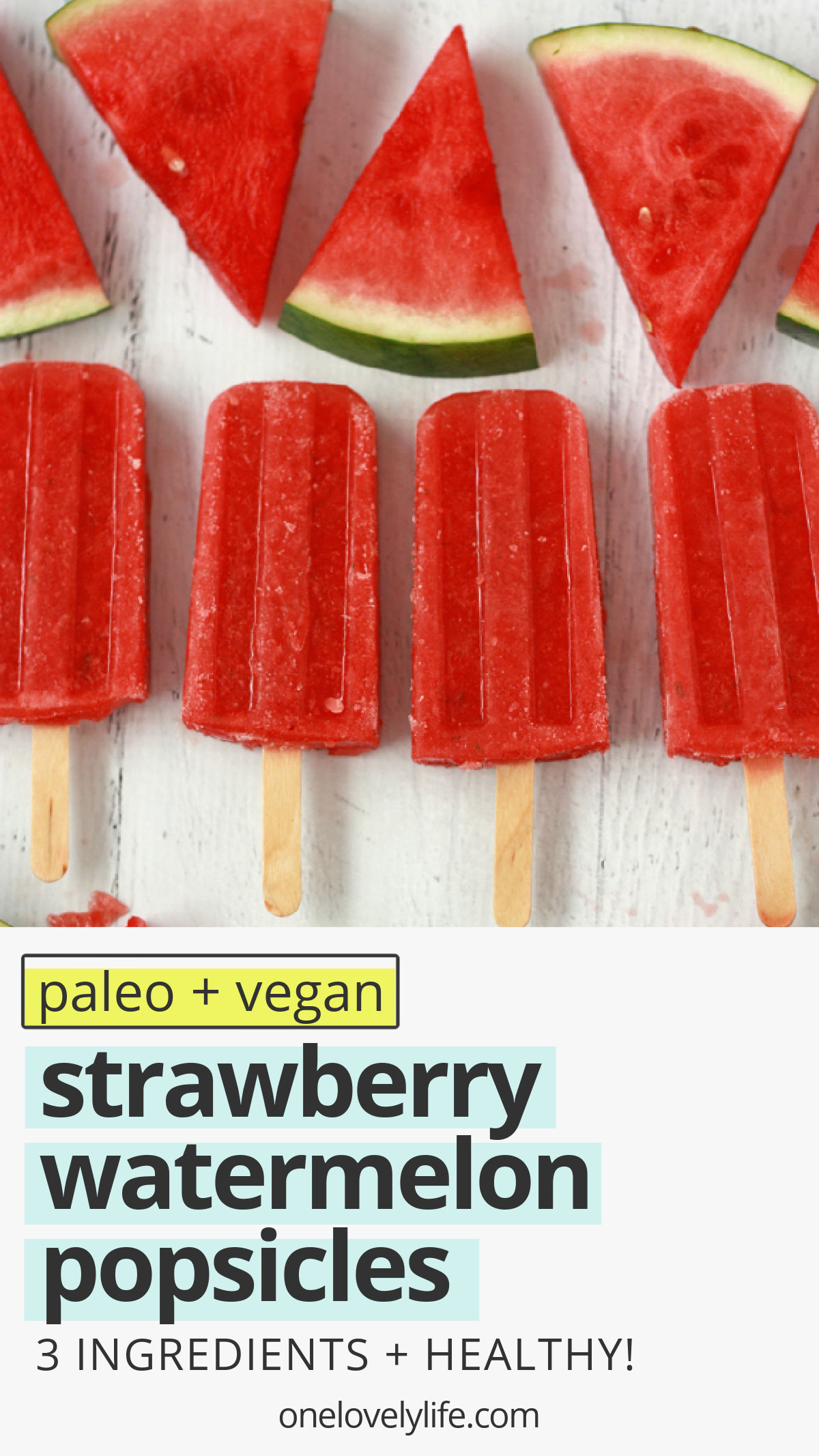 Strawberry Watermelon Popsicles are a fresh, bright, healthy warm weather treat! They're 100% fruit and naturally help balance your electrolytes. (Vegan & paleo) // healthy popsicles // strawberry popsicles // watermelon popsicles // paleo popsicles // vegan popsicles // naturally sweetened // healthy snack // #healthy #popsicles #icepops #paleo #vegan #dessert