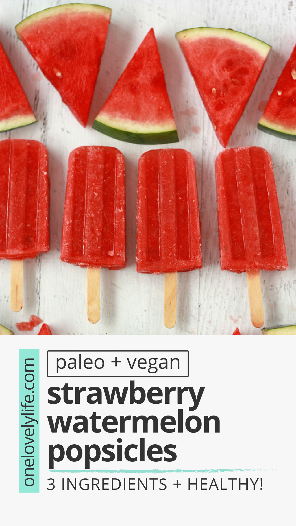 Strawberry Watermelon Popsicles are a fresh, bright, healthy warm weather treat! They're 100% fruit and naturally help balance your electrolytes. (Vegan & paleo) // healthy popsicles // strawberry popsicles // watermelon popsicles // paleo popsicles // vegan popsicles // naturally sweetened // healthy snack //