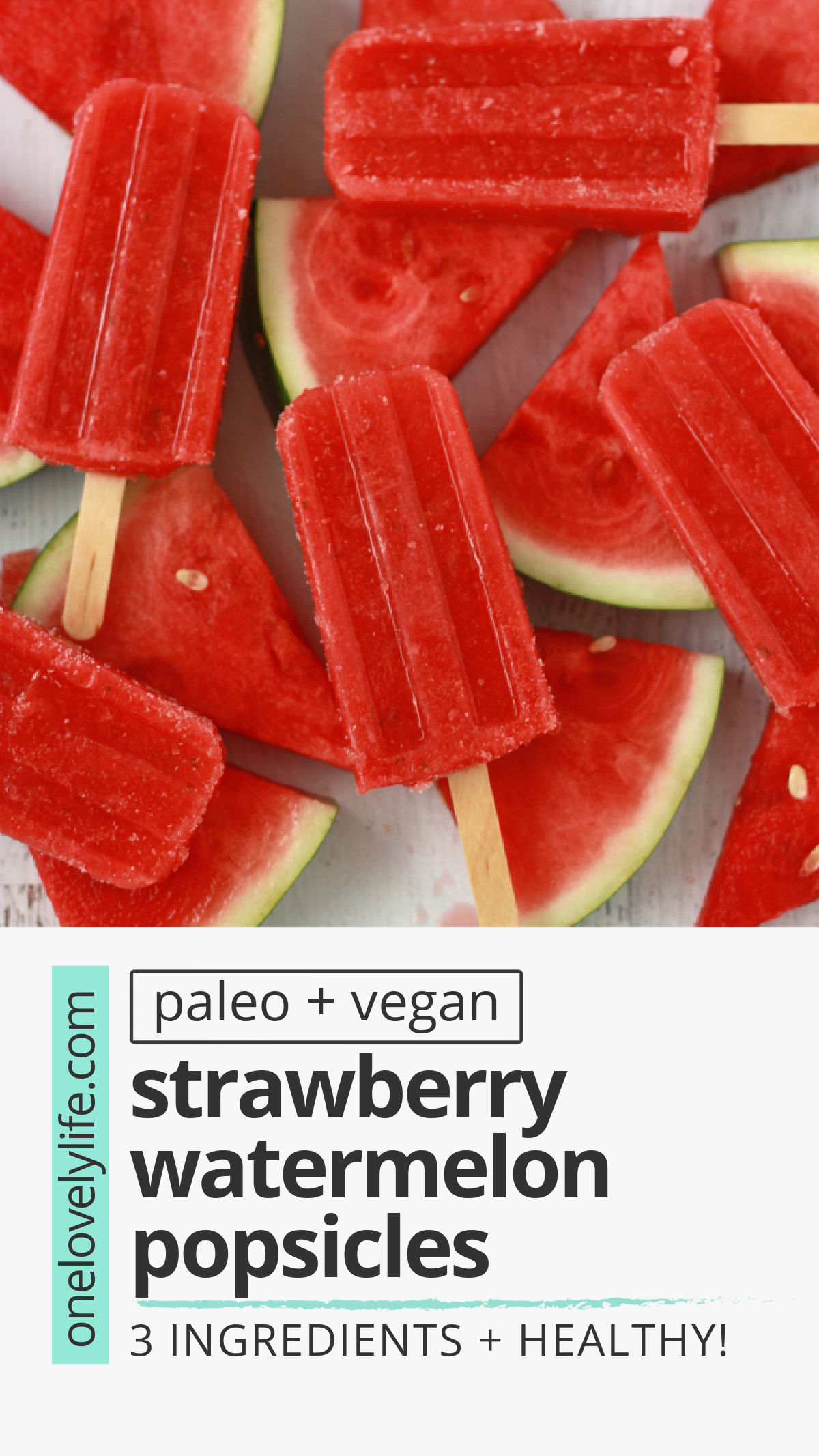 Strawberry Watermelon Popsicles are a fresh, bright, healthy warm weather treat! They're 100% fruit and naturally help balance your electrolytes. (Vegan & paleo) // healthy popsicles // strawberry popsicles // watermelon popsicles // paleo popsicles // vegan popsicles // naturally sweetened // healthy snack // #healthy #popsicles #icepops #paleo #vegan #dessert