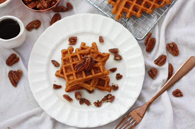 The coziest breakfast of the season - Gluten Free Sweet Potato Waffles topped with Maple Candied Pecans and Syrup