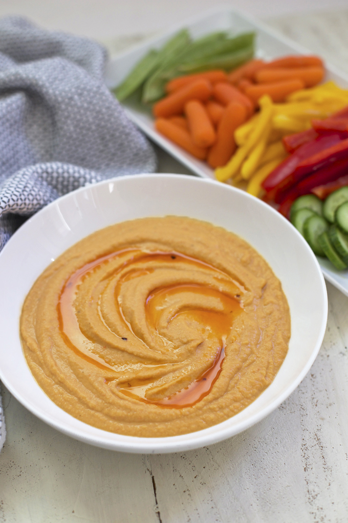 Roasted Red Pepper Hummus. Gluten free, vegan, and absolutely delicious.