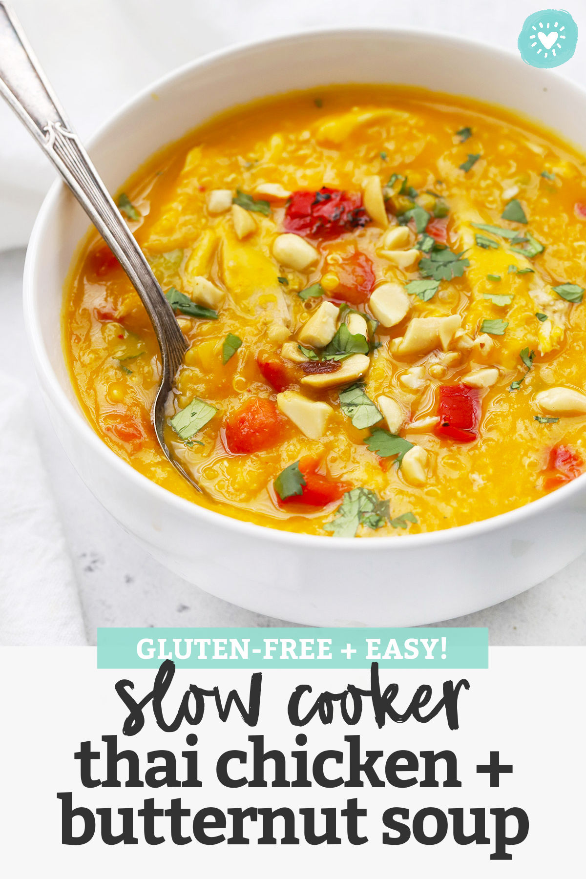 Slow Cooker Thai Chicken and Butternut Squash Soup - This curry squash soup has tender chicken, colorful veggies, and a velvety texture you'll dream about! (Gluten-Free, Dairy-Free) // Thai Curry Squash Quinoa Soup // Squash Chicken Soup #slowcooker #soup #squash #chicken #cleaneating #healthydinner #healthylunch