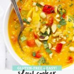 Close up overhead view of Slow Cooker Thai Curry Chicken and Butternut Squash Soup with text overlay that reads "Gluten-Free + Easy Slow Cooker Thai Chicken + Butternut Soup"
