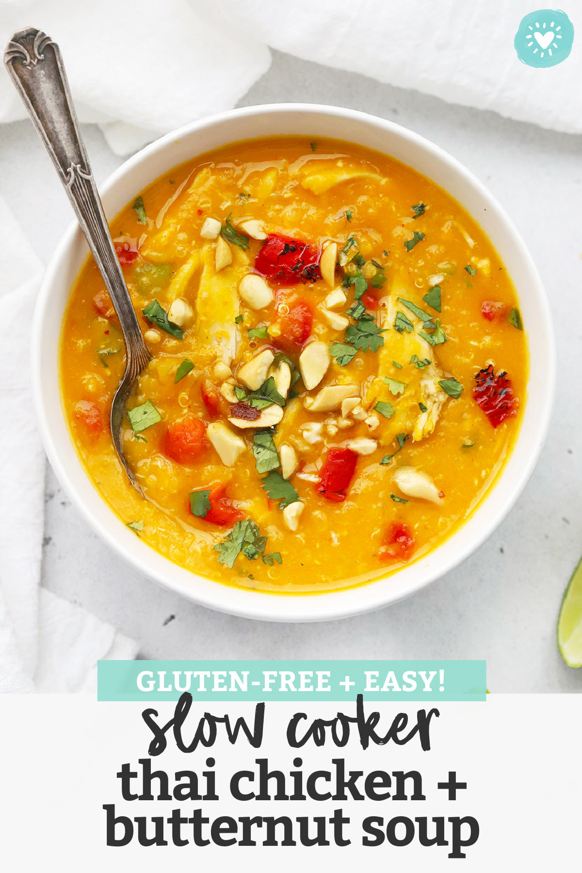 Slow Cooker Thai Chicken and Butternut Squash Soup - This curry squash soup has tender chicken, colorful veggies, and a velvety texture you'll dream about! (Gluten-Free, Dairy-Free) // Thai Curry Squash Quinoa Soup // Squash Chicken Soup #slowcooker #soup #squash #chicken #cleaneating #healthydinner #healthylunch