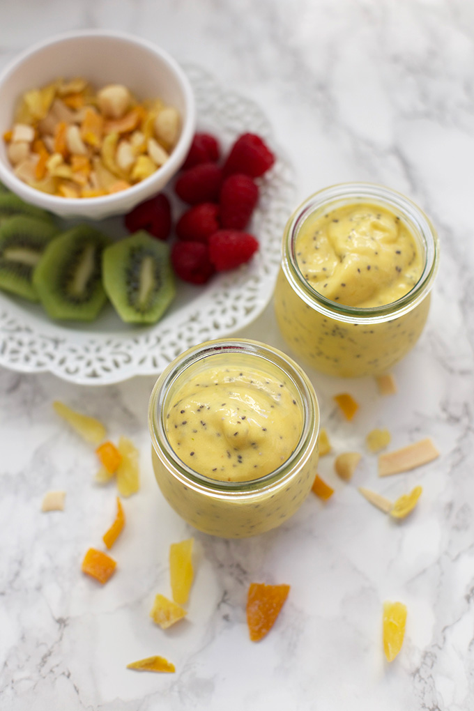 Bright, creamy Mango Chia Bowls with a tangy Tropical Crunch Mix topping. 