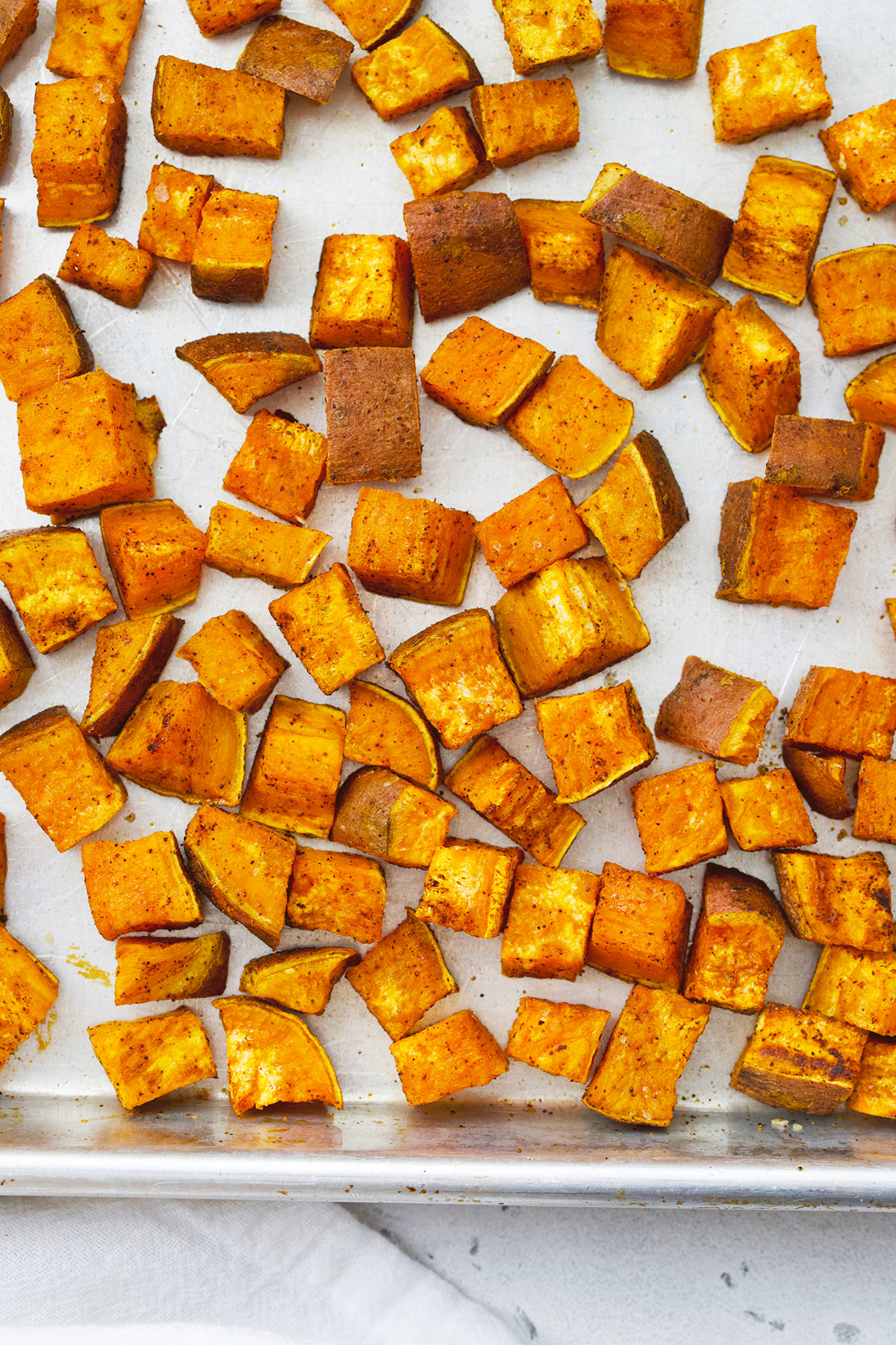 Sheet pan of chipotle roasted sweet potatoes. 
