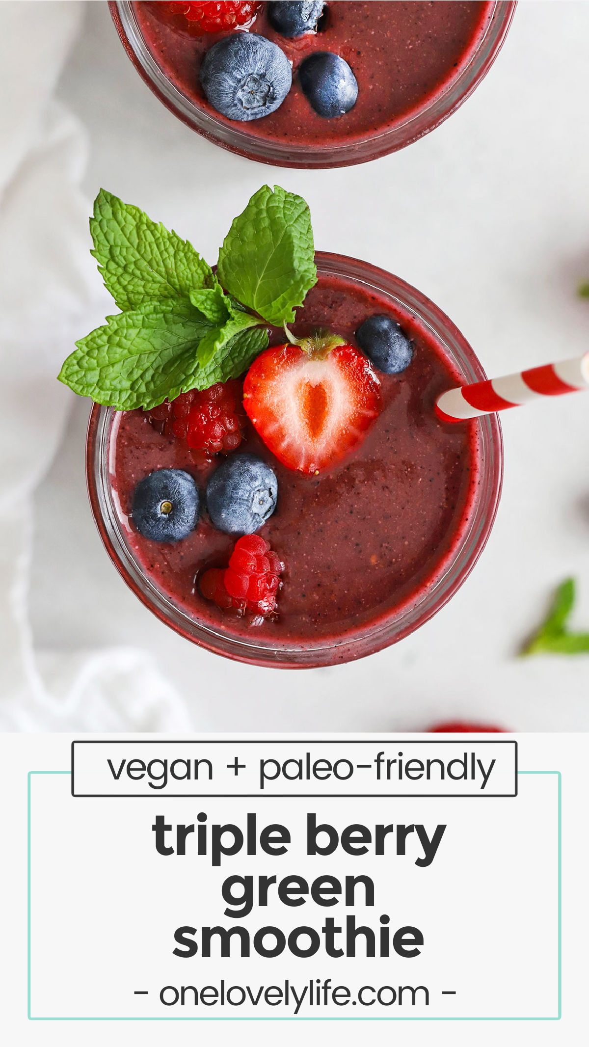 This Berry Green Smoothie - This kid-friendly recipe is a perfect intro to green smoothies. It's fresh, sweet & delicious! (paleo & vegan) // kid friendly smoothie // kids green smoothie // kids berry smoothie // healthy smoothie recipe // berry smoothie recipe / green smoothie with berries / vegan green smoothie / paleo smoothie / red smoothie / purple smoothie / triple berry smoothie / triple berry green smoothie
