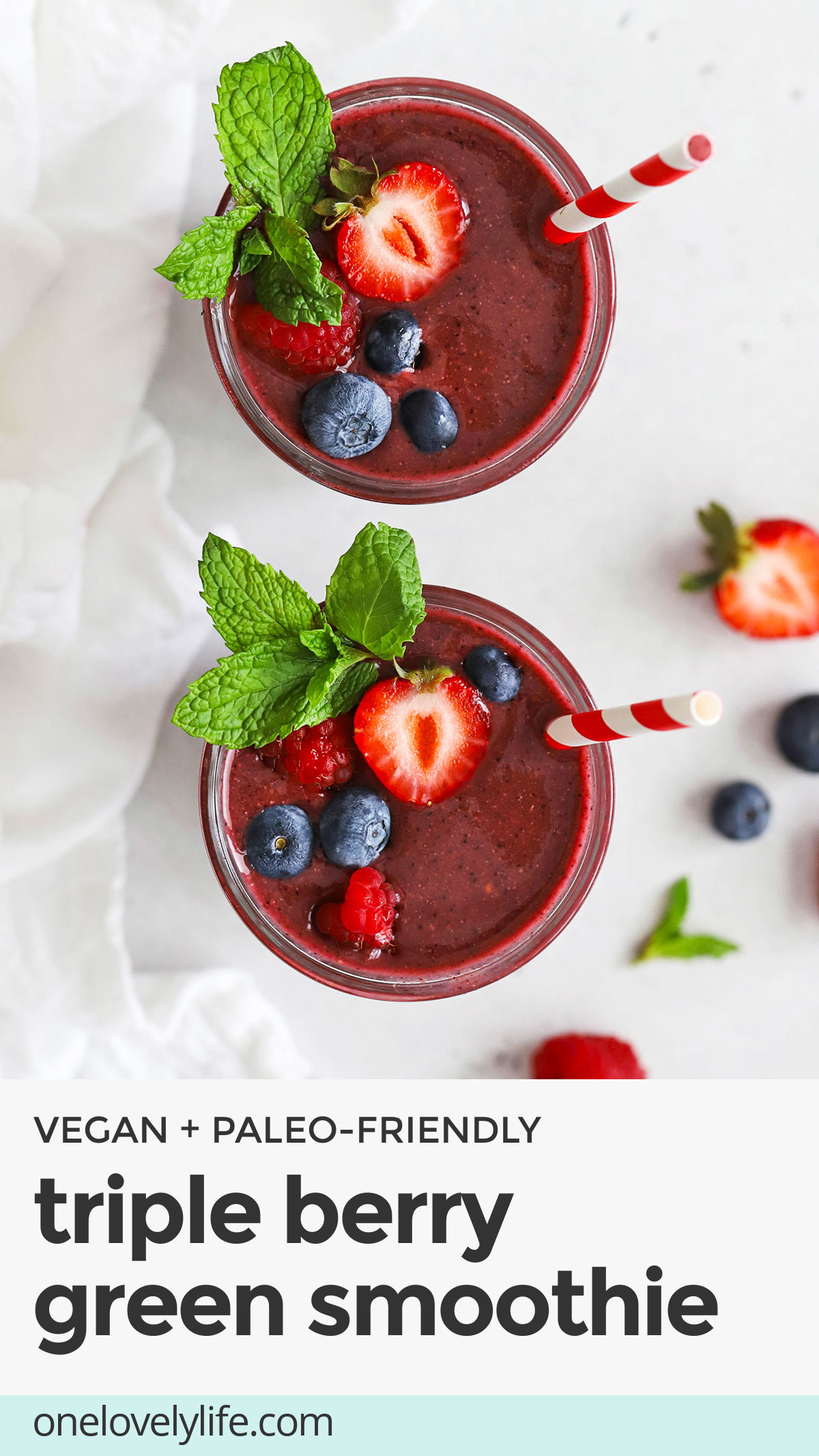 This Berry Green Smoothie - This kid-friendly recipe is a perfect intro to green smoothies. It's fresh, sweet & delicious! (paleo & vegan) // kid friendly smoothie // kids green smoothie // kids berry smoothie // healthy smoothie recipe // berry smoothie recipe / green smoothie with berries / vegan green smoothie / paleo smoothie / red smoothie / purple smoothie / triple berry smoothie / triple berry green smoothie