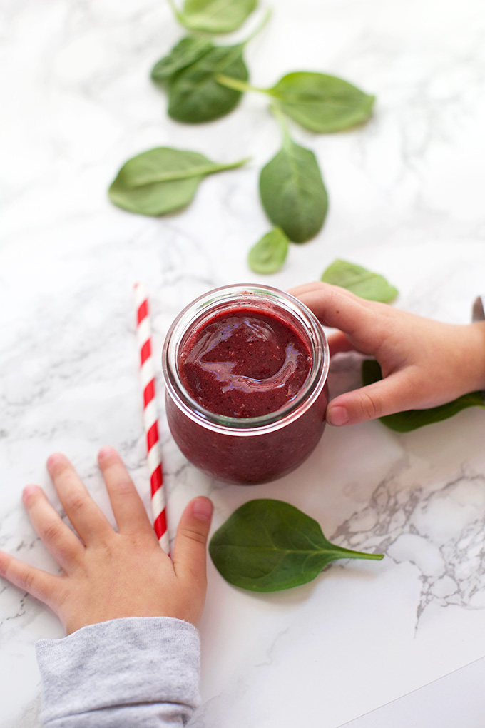 My kids love this Berry Green Smoothie. They can't even tell there are greens inside. 