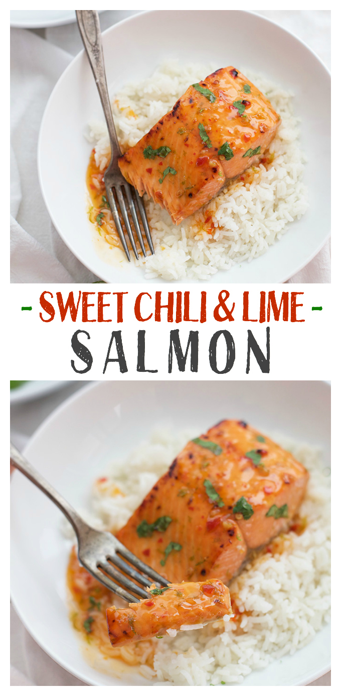 This Sweet Chili and Lime Salmon is the perfect blend of sweet, spicy, and tangy. Plus, it's on the table in 15 minutes! (gluten free & paleo friendly)