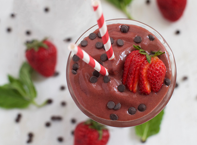 This Chocolate Strawberry Shake feels decadent but it's made from healthier ingredients. We love it! 