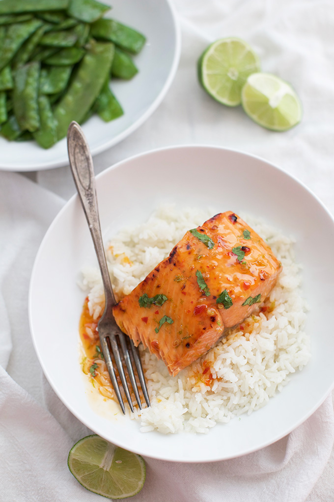 Sweet and Spicy Thai Chili and Lime Salmon is such an easy, quick dinner. We can't get enough!