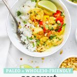 Overhead view of a bowl of paleo coconut shrimp curry with jasmine rice on a white background with text overlay that reads "Paleo + Whole30 Friendly Coconut Shrimp Curry"