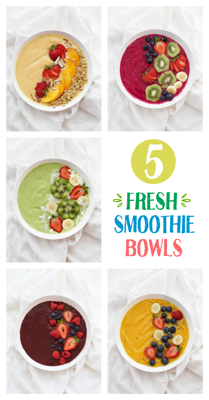 5 Fresh Smoothie Bowl Ideas. Colorful, bright, and loaded with goodness, these are such a perfect breakfast or snack. You'll want to make them all! 
