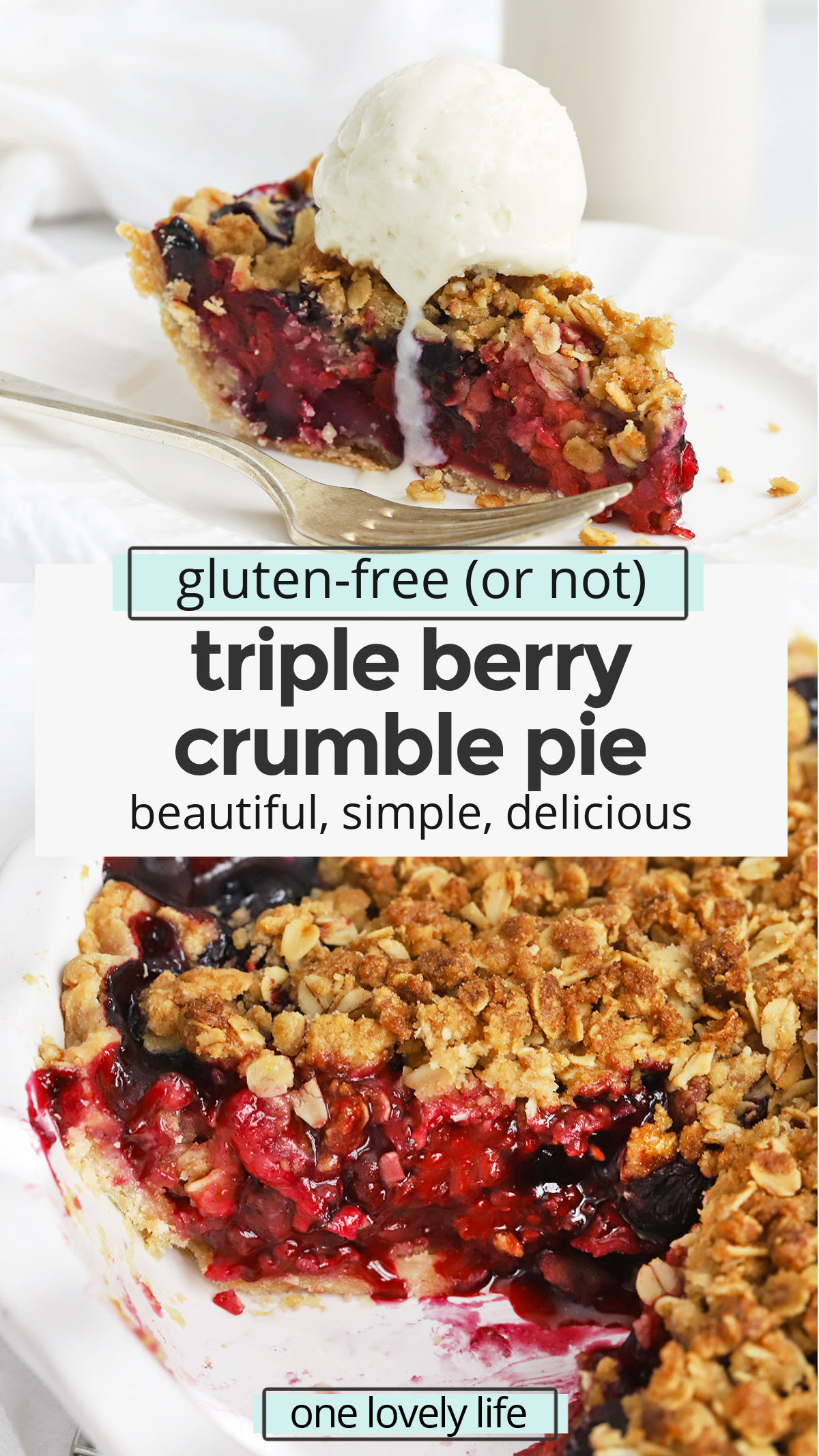Triple Berry Crumble Pie - This berry crumble pie features a bright, tangy berry filling & gorgeous crumble topping you'll fall in love with at first bite! (Gluten-Free, Vegan-Friendly) // Berry Pie recipe // Mixed berry pie // mixed berry crumble pie // triple berry pie // berry pie with oat topping // gluten free pie // vegan pie // thanksgiving pie // christmas pie // 4th of July dessert // berry pie recipe