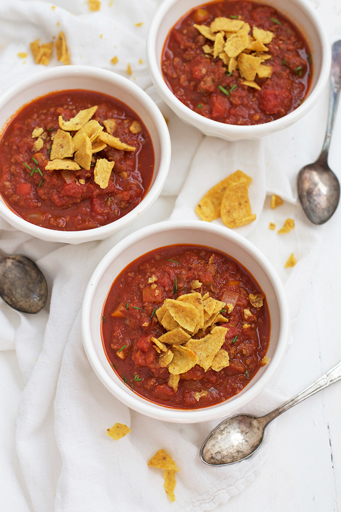 Gorgeous Classic Chili - Not too spicy and full of flavor. Make it in your slow cooker or on the stovetop. (Gluten free, dairy free) 