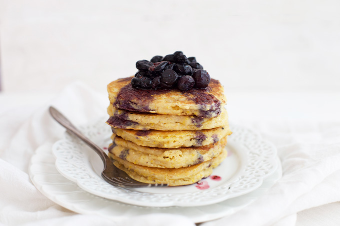 Weekend breakfast at its finest! Cornmeal Pancakes with Blueberry Maple Syrup. 