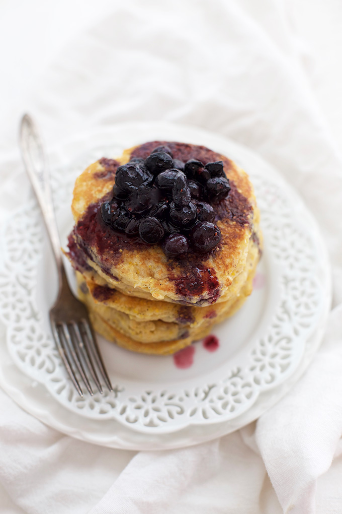 We LOVE cornmeal pancakes. They have the BEST texture! Add a little of this blueberry maple syrup and they're just heaven. 