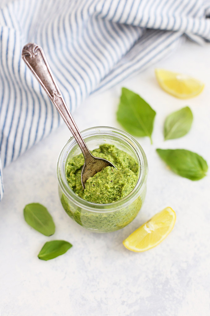 Simple Dairy Free Pesto - Vegan pesto has never tasted better. Gluten free and paleo, this even comes with a nut free option! Best homemade pesto I've ever tried! (+10 Ways to Use it!) 