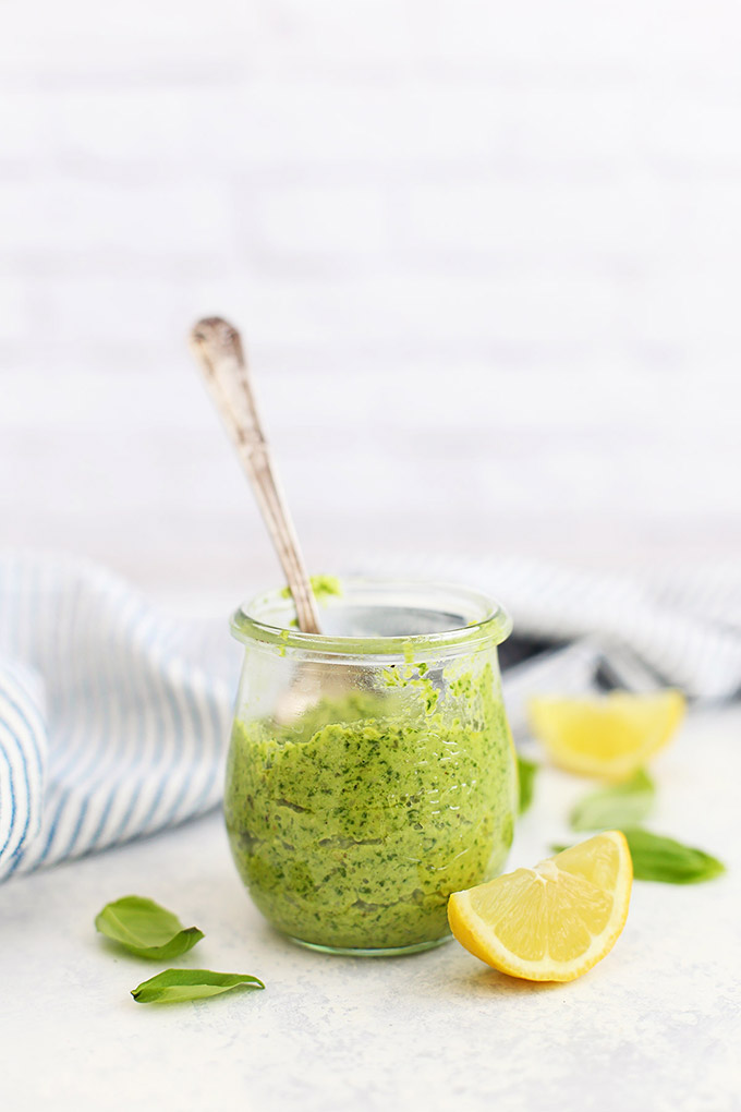 Simple Dairy Free Pesto - Vegan pesto has never tasted better. Gluten free and paleo, this even comes with a nut free option! Best homemade pesto I've ever tried! (+10 Ways to Use it!) 