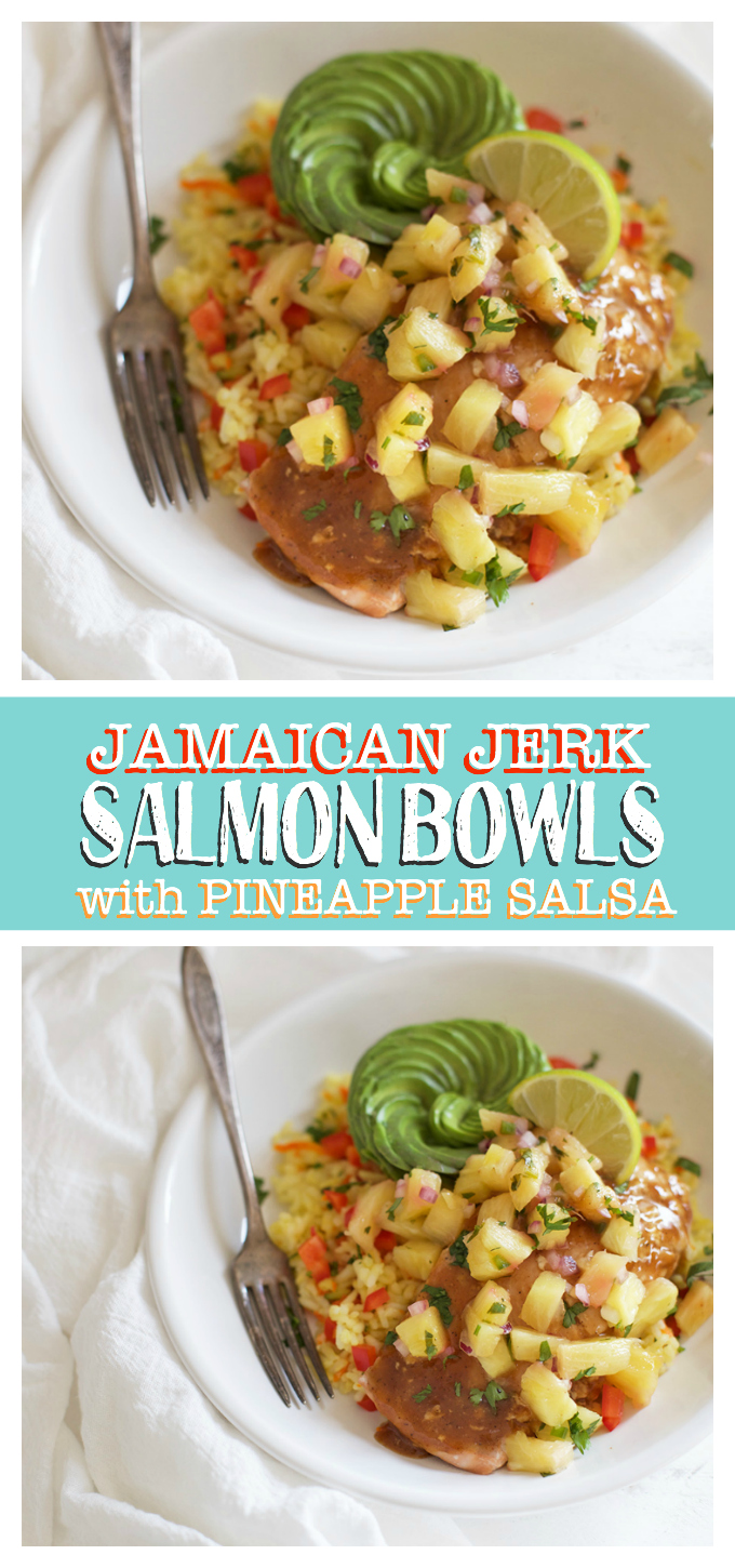 Jamaican Jerk Salmon Bowls with Pineapple Salsa - So much flavor packed into one bowl! A gorgeous mix of spices, heat, sweetness, and freshness.