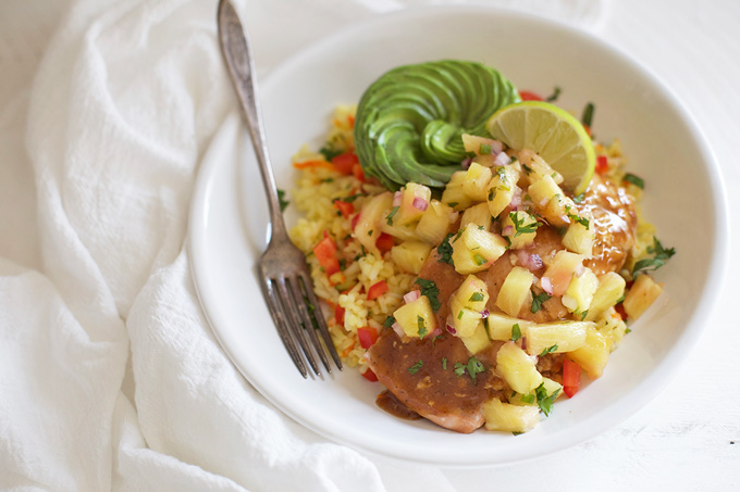 Jamaican Jerk Salmon Bowls with Pineapple Salsa - The salsa will blow your mind!