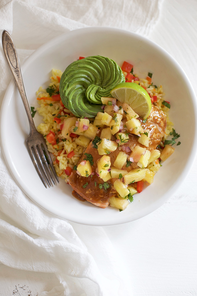 Jamaican Jerk Salmon Bowls - Add a little rice, sautéed veggies, and top with pineapple salsa!