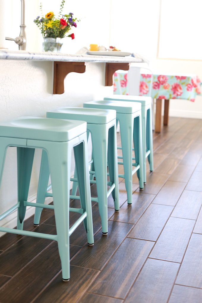 Metal stools in the kitchen are a LIFESAVER! Durable, wipeable, and sturdy. These have such a pretty color! 