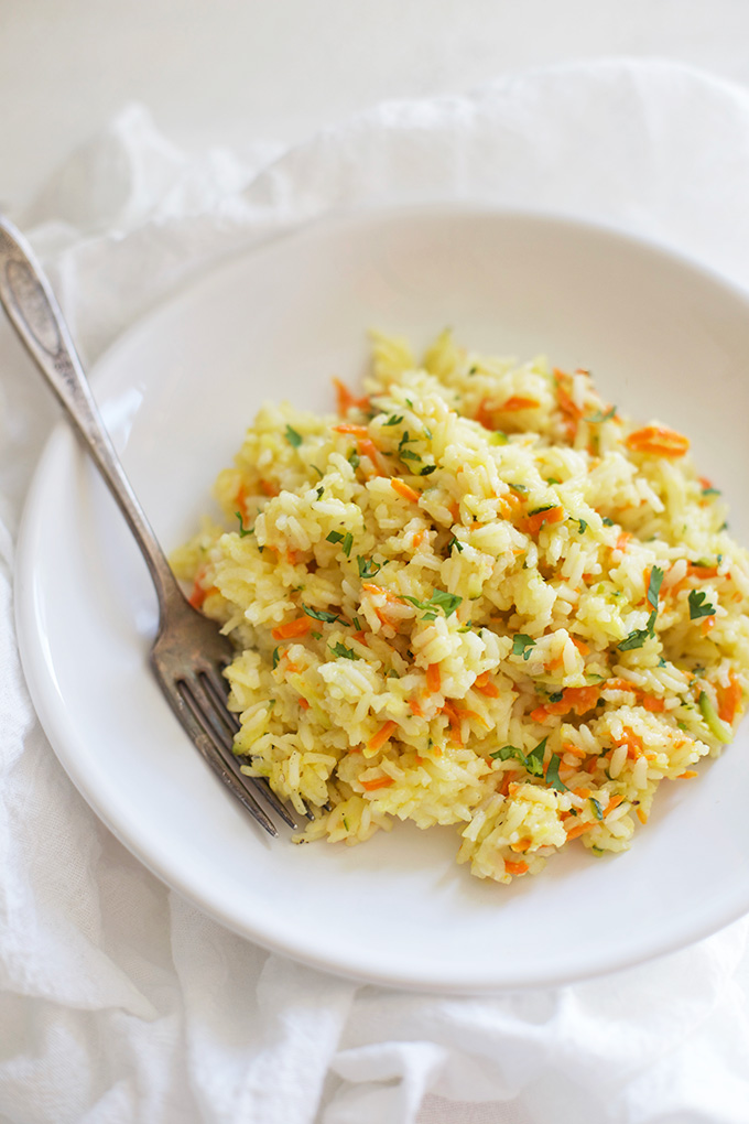 This veggie rice is a fabulous, simple side. Try it topped with stir-fry, next to chicken or fish, or as a base for dinner bowls! 