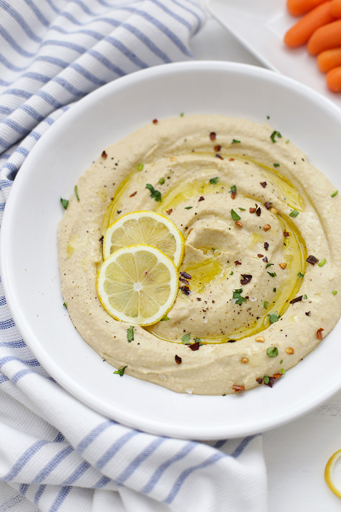 Grab some veggies and dive into this lemon hummus! It's the perfect vegan, gluten free lunch idea! 