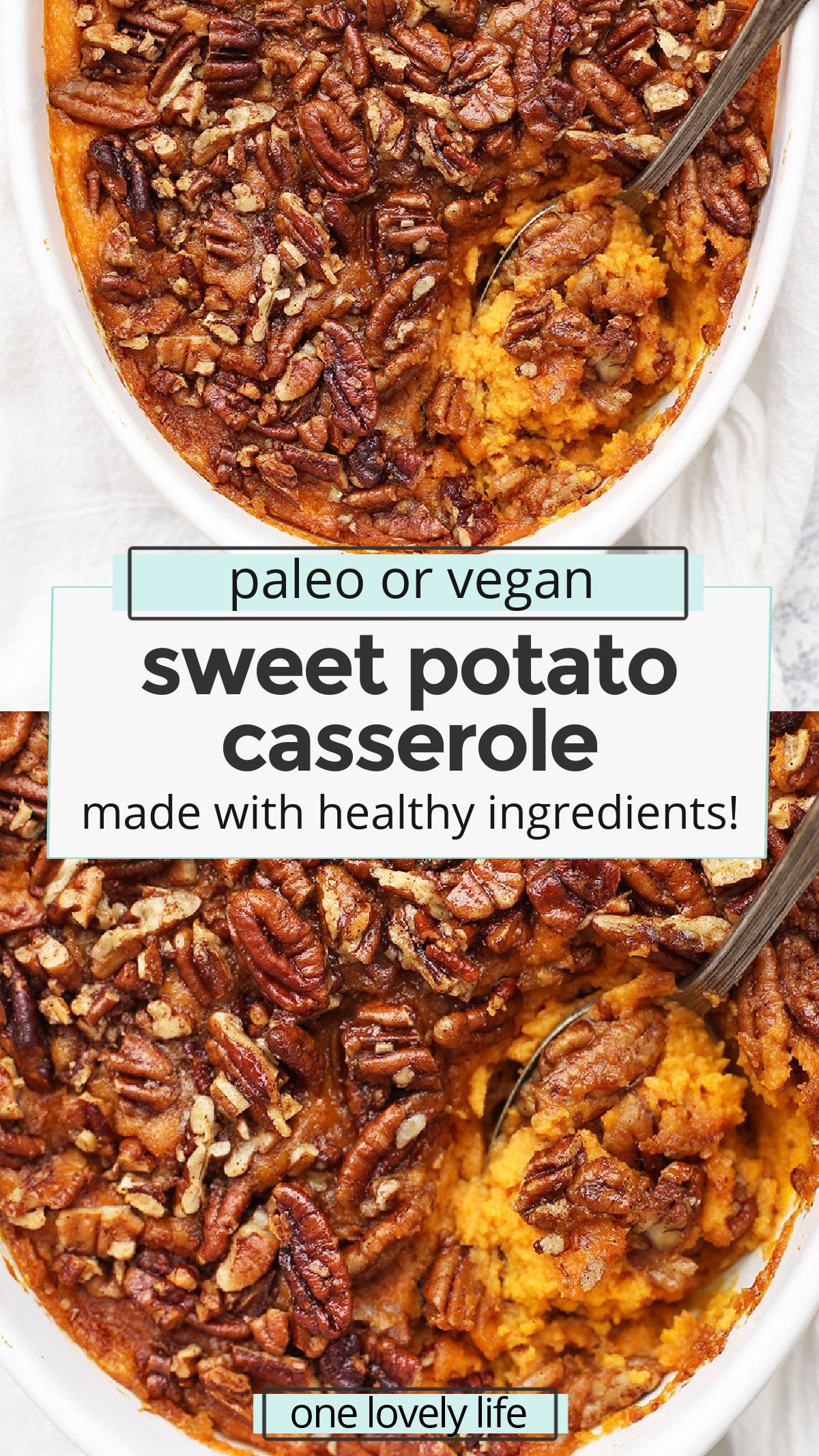 Paleo (or Vegan!) Sweet Potato Casserole - Gluten free, naturally sweetened, and totally delicious! // Vegan sweet potato casserole recipe // paleo sweet potato casserole recipe // healthy sweet potato casserole recipe // dairy free sweet potato casserole recipe // gluten free sweet potato casserole recipe // Thanksgiving side dish // Paleo thanksgiving // healthy thanksgiving recipe