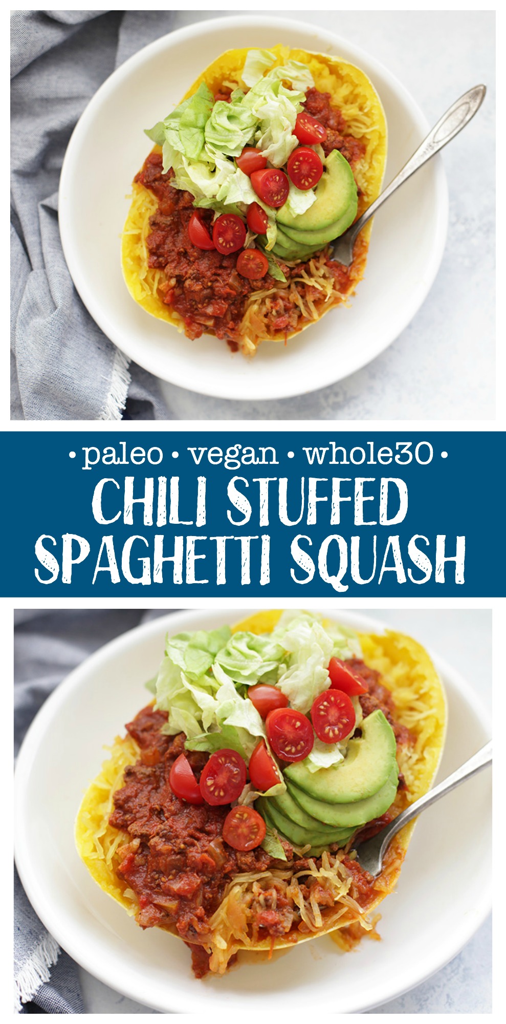 Chili Stuffed Spaghetti Squash - Such a delicious low-carb dinner! This can be made paleo or vegan based on the chili you use. We love these! 