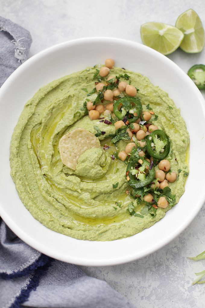 This Cilantro Hummus is amazing with veggies, chips, or chicken and fish! 