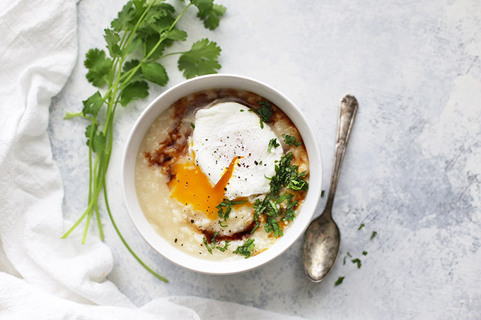 Cozy, comforting congee, topped with a poached egg. It's comfort food at its finest.