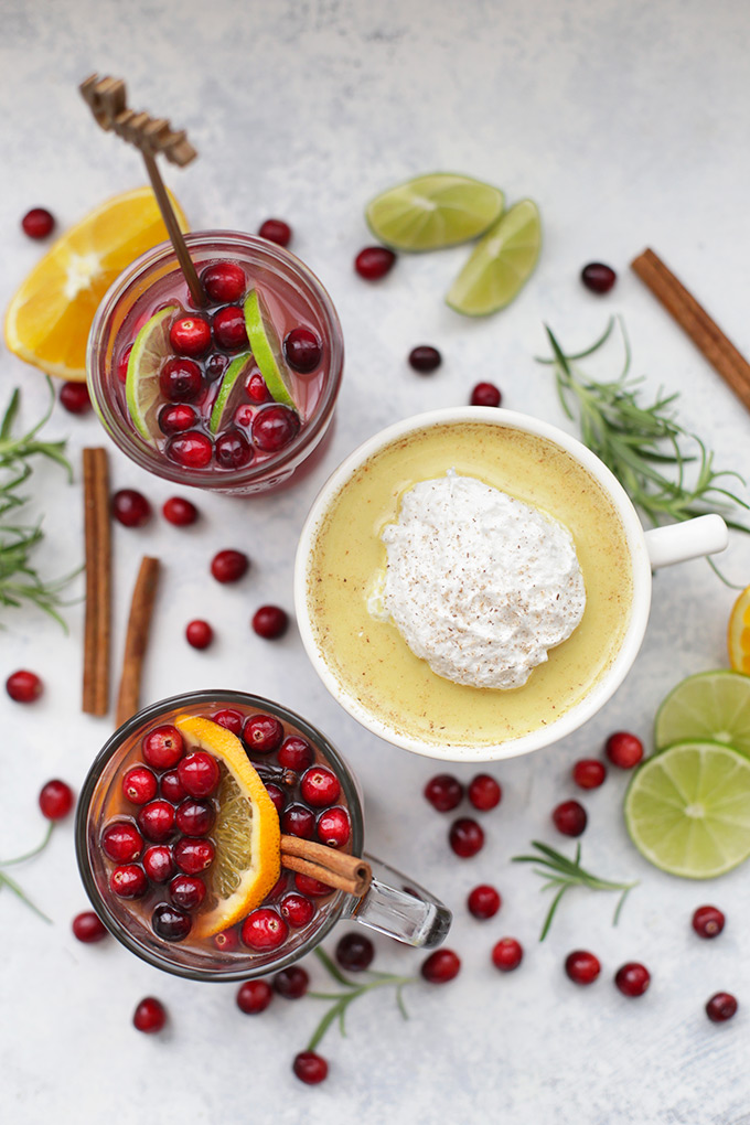 3 Healthy Holiday Drinks! Each one has a secret superfood boost. Check out this Cranberry Lime Spritzer, Golden Milk Nog, and Superfood Christmas Wassail! 