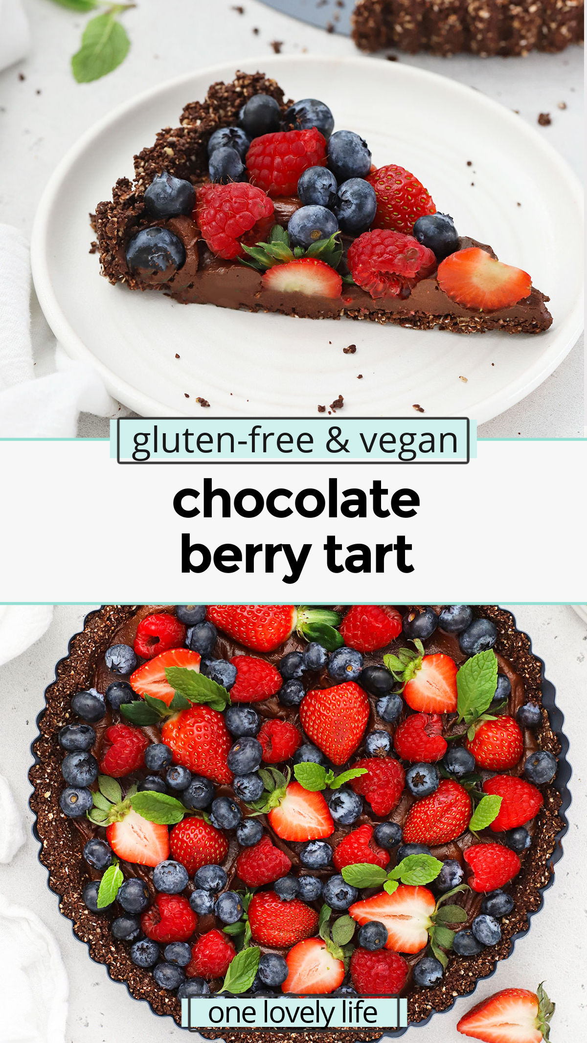 No Bake Chocolate Berry Tart - This gluten free vegan chocolate tart tastes so fresh and luscious. It's gluten free, dairy free, refined sugar free, and really makes a statement. The belle of the ball at any dinner or party! // Dairy free chocolate tart // gluten free chocolate tart // no bake desserts // Valentine's Day Dessert // healthy chocolate tart // no bake chocolate tart // gluten-free chocolate berry tart // dairy free chocolate tart recipe // valentine's day dessert