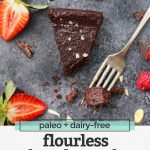 Overhead view of a slice of flourless chocolate cake with text overlay that reads "paleo + dairy-free flourless chocolate cake +lots of delicious topping ideas!"
