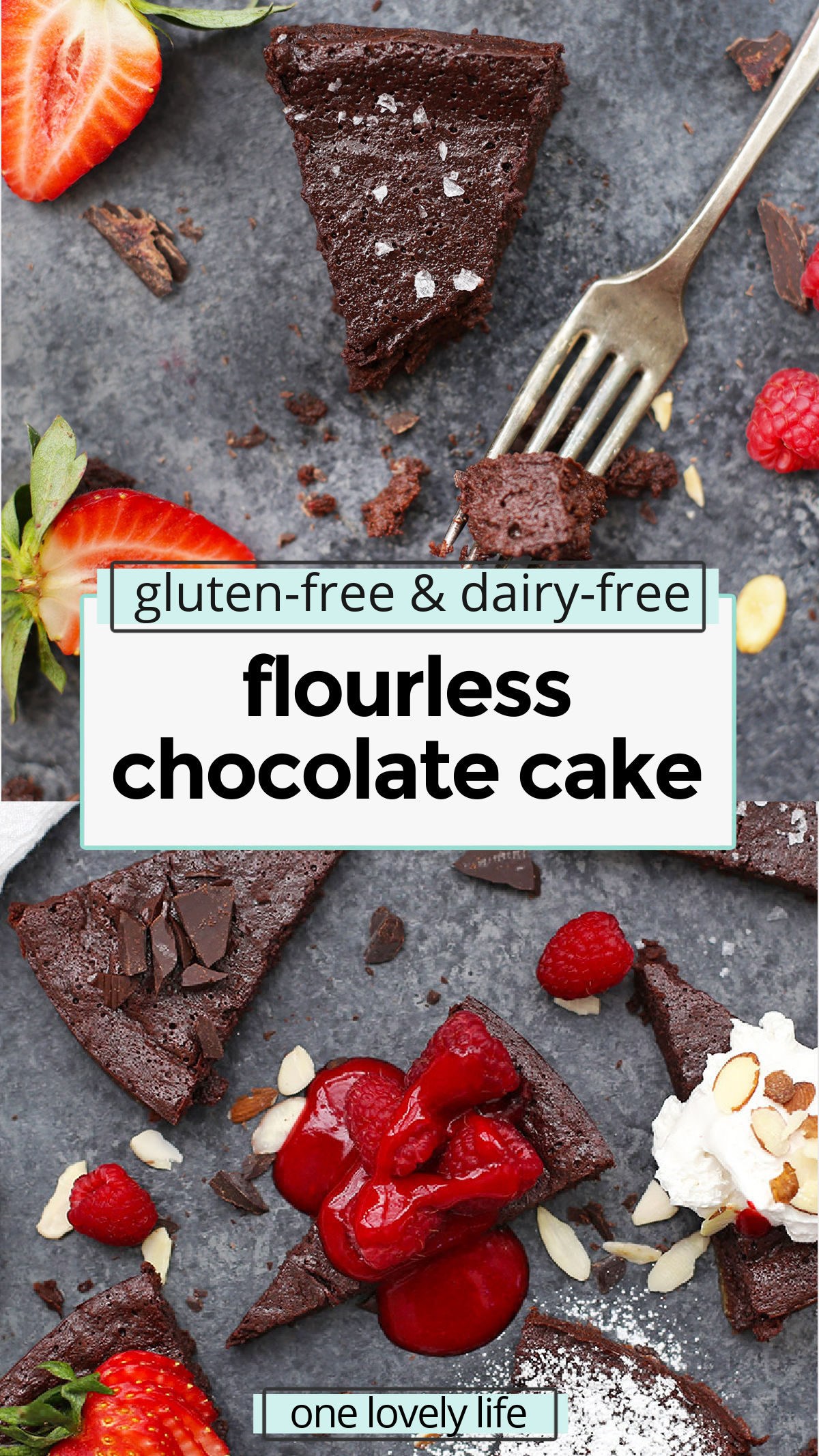 Flourless Chocolate Cake - This dense, perfectly rich chocolate cake is gluten free, dairy free, and naturally sweetened, but has all the indulgent decadence you're looking for on a special occasion. Pro tip: don't skip the raspberry sauce! // dairy free flourless chocolate cake recipe // paleo flourless chocolate cake // gluten free flourless chocolate cake // paleo chocolate cake // gluten free chocolate cake